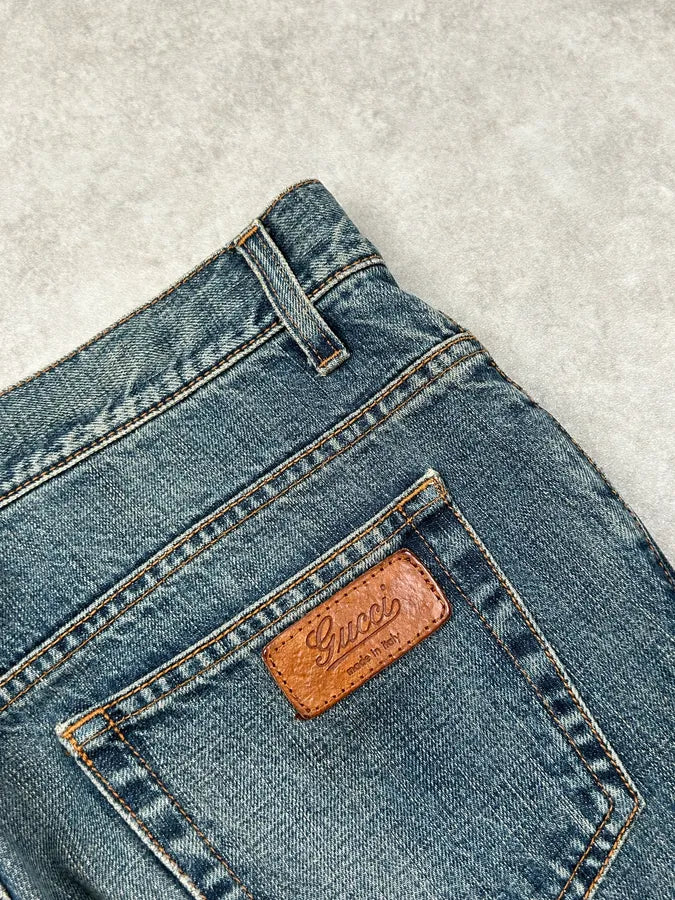 AW2007 Gucci Blue Leather Patch Faded Denim Jeans  tUhcXID 7