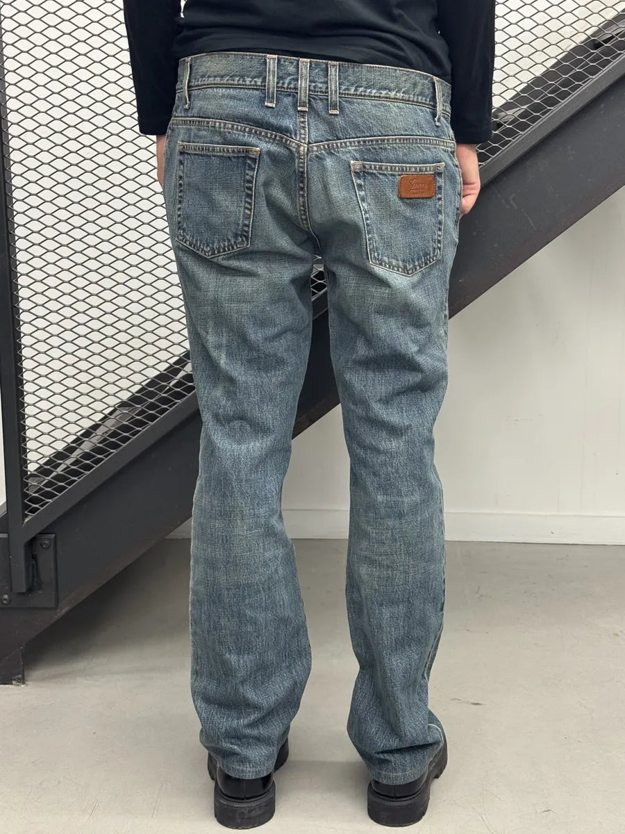 AW2007 Gucci Blue Leather Patch Faded Denim Jeans  tUhcXID 2