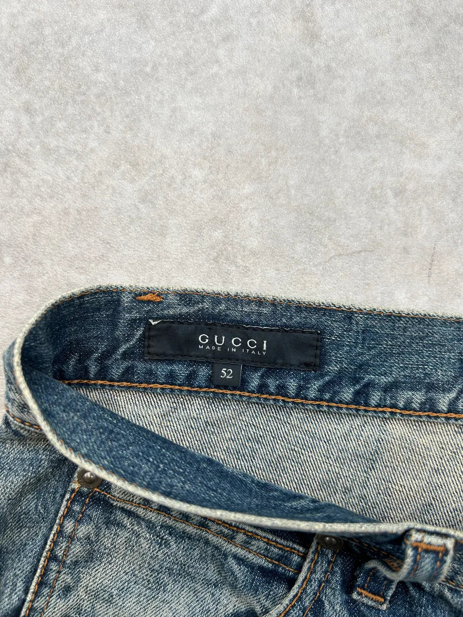 AW2007 Gucci Blue Leather Patch Faded Denim Jeans  tUhcXID 8