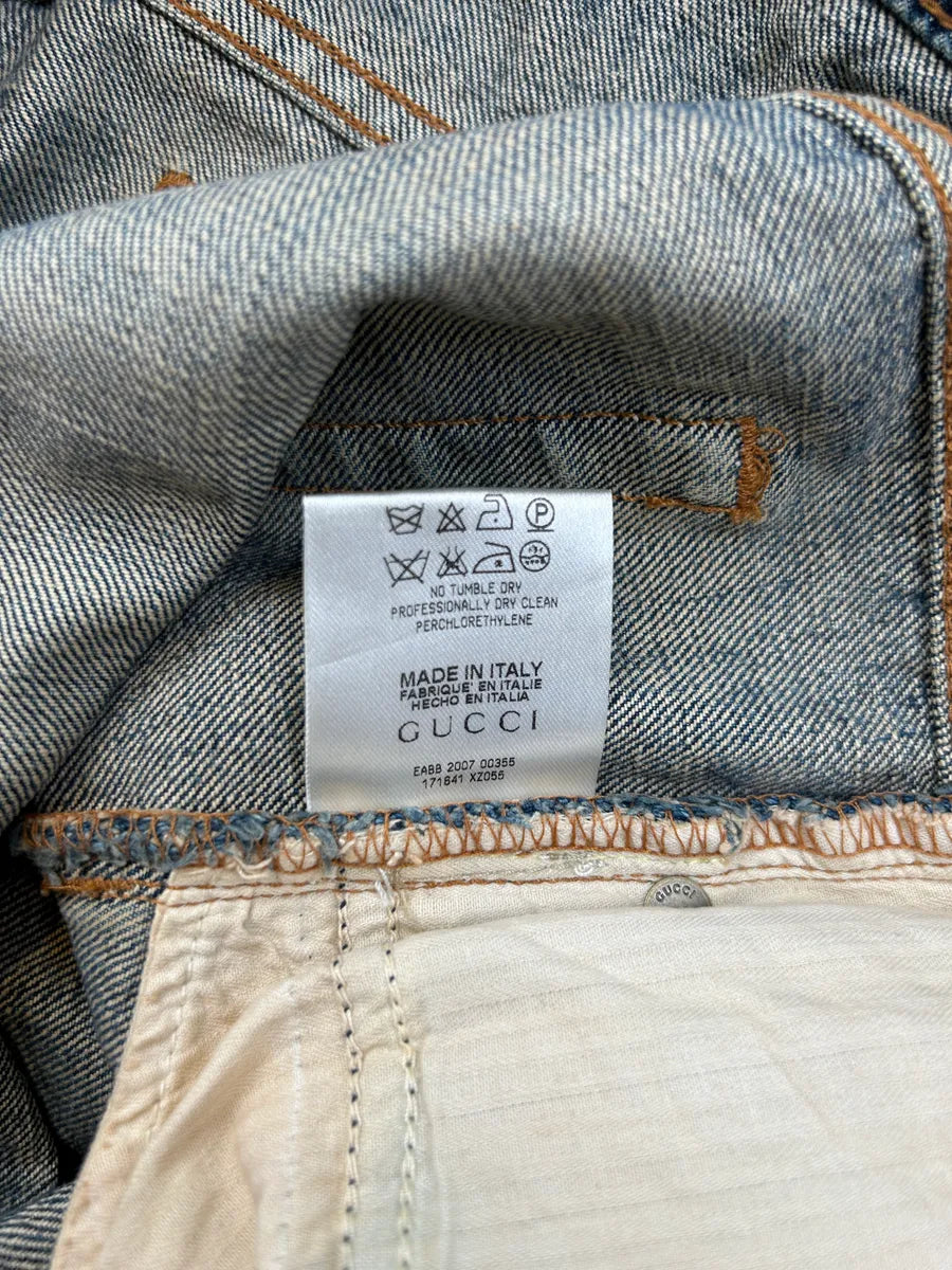 AW2007 Gucci Blue Leather Patch Faded Denim Jeans  tUhcXID 9