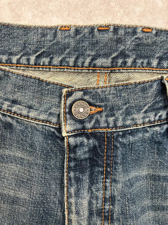 AW2007 Gucci Blue Leather Patch Faded Denim Jeans  tUhcXID 4
