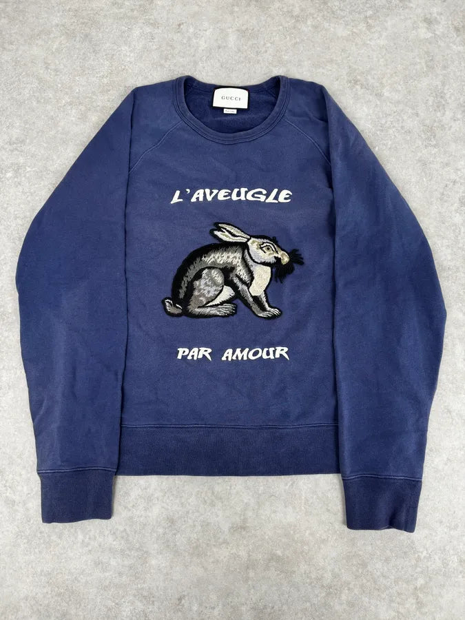 Gucci Blue L’aveugle par Amour Rabbit Crewneck Sweater PLjISBp 0