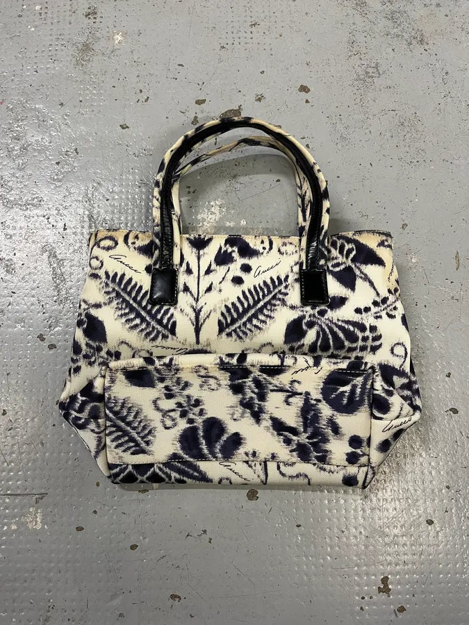 Gucci Blurred Flowers Cream & Navy Handle Bag CljvTyW 5