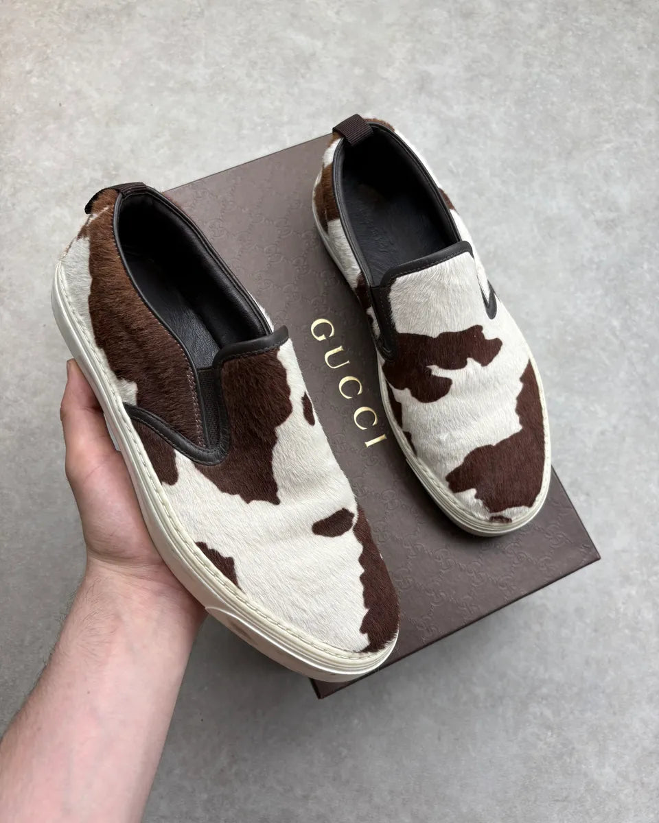Gucci Brown & White Pony Hair Cow Slip-On Shoes vTOoADo 0