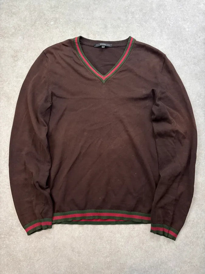 Gucci Brown V-Neck Striped Sweater bUonAuZ 0