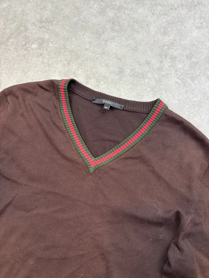Gucci Brown V-Neck Striped Sweater bUonAuZ 3