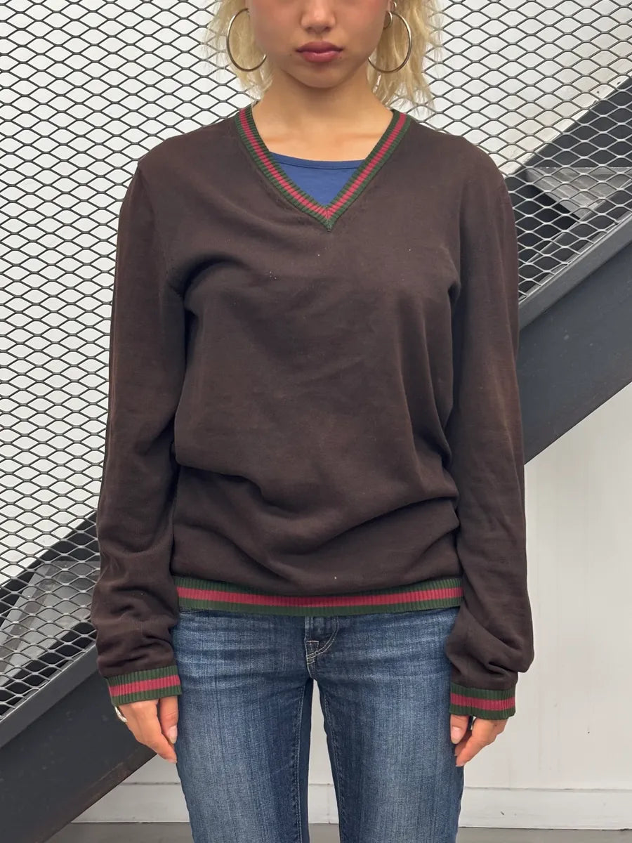 Gucci Brown V-Neck Striped Sweater bUonAuZ 1