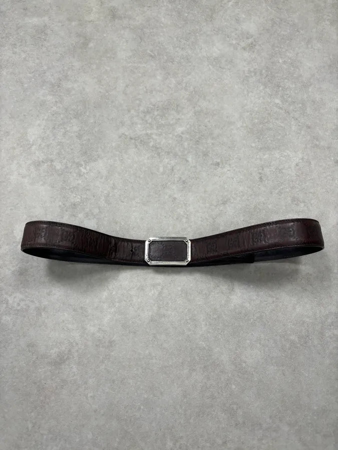 2000s Gucci Brown Monogram Leather Belt GG Buckle  nwuPTUp 3
