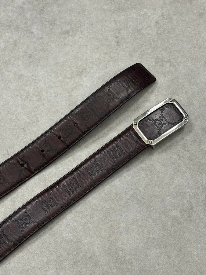 2000s Gucci Brown Monogram Leather Belt GG Buckle  nwuPTUp 4