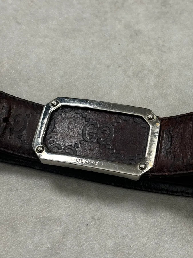 2000s Gucci Brown Monogram Leather Belt GG Buckle  nwuPTUp 2