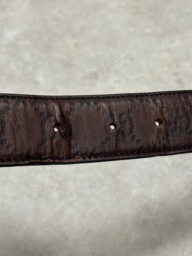 2000s Gucci Brown Monogram Leather Belt GG Buckle  nwuPTUp 9