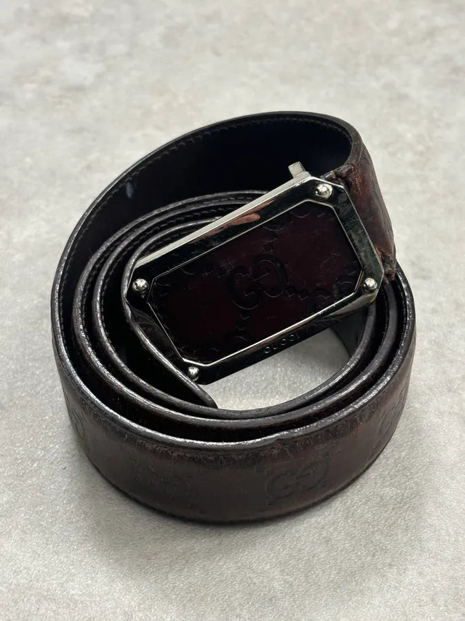 2000s Gucci Brown Monogram Leather Belt GG Buckle  nwuPTUp 10