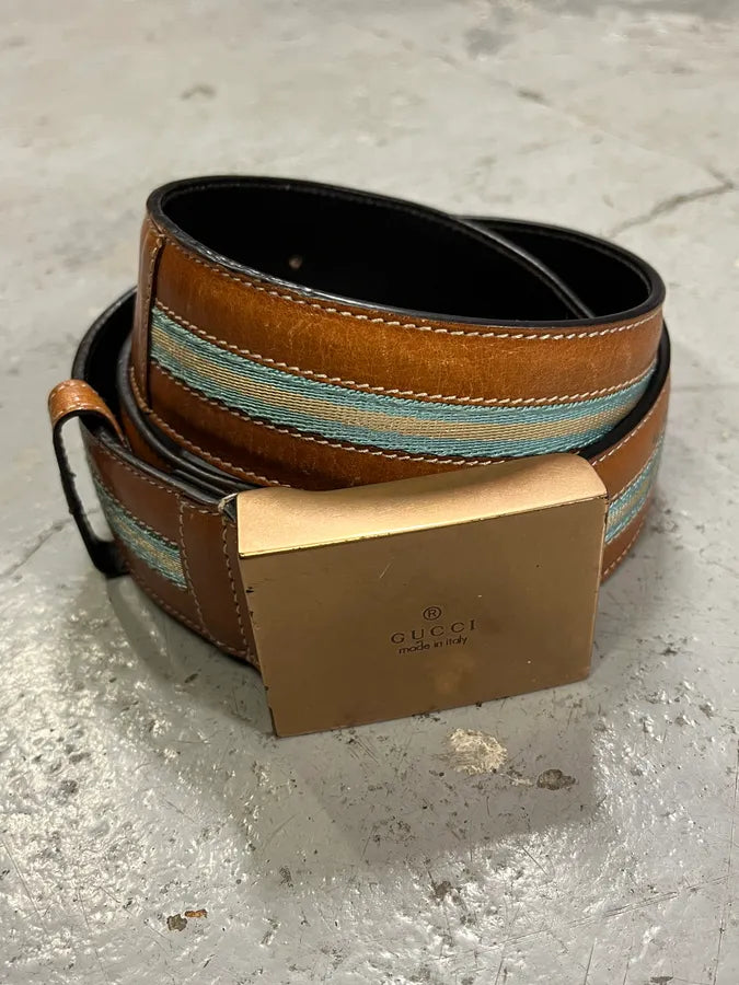 Gucci Brown Leather Blue Lined Belt QSzXnag 2