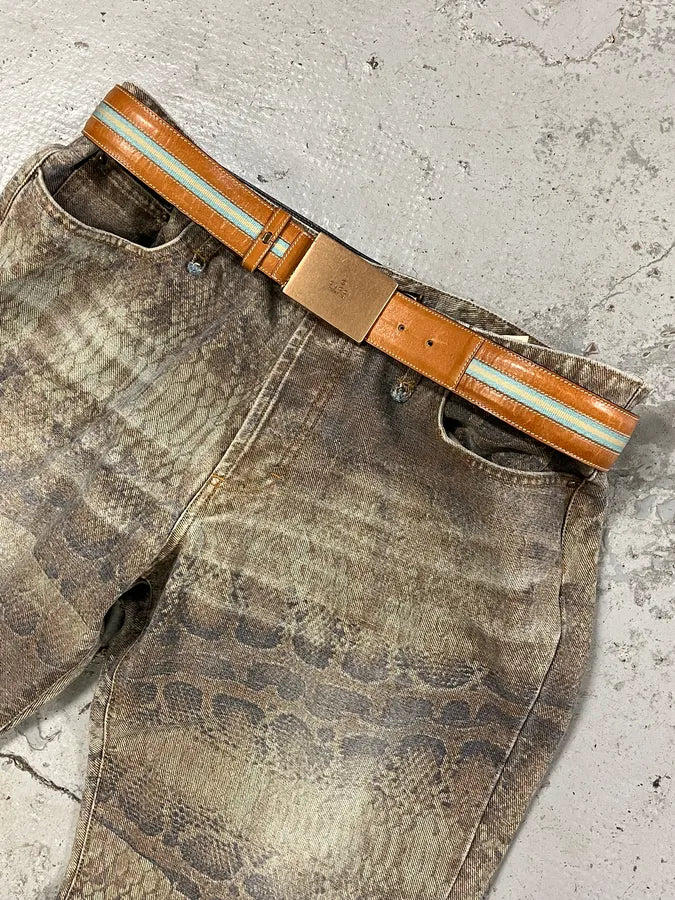 Gucci Brown Leather Blue Lined Belt QSzXnag 0