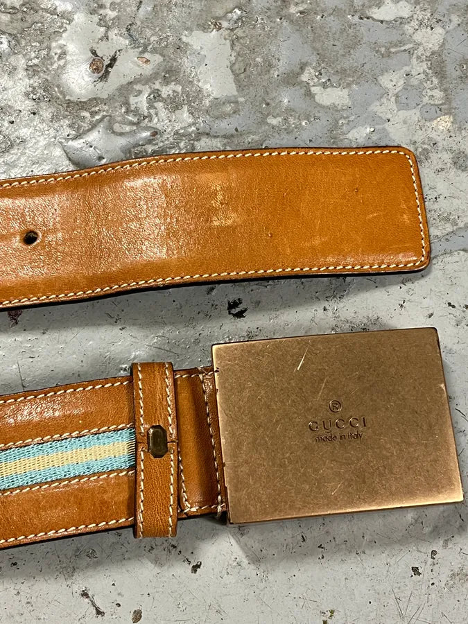 Gucci Brown Leather Blue Lined Belt QSzXnag 4