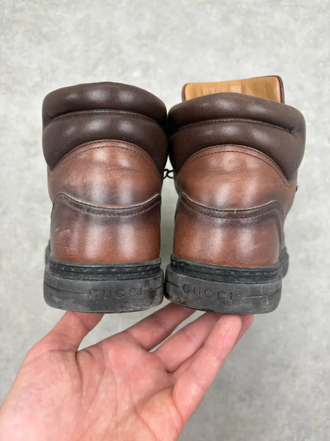 2000s Gucci Brown Eroded Leather Hiking Boots QgRHKSU 6