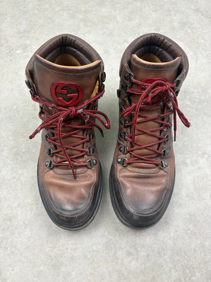 2000s Gucci Brown Eroded Leather Hiking Boots QgRHKSU 1