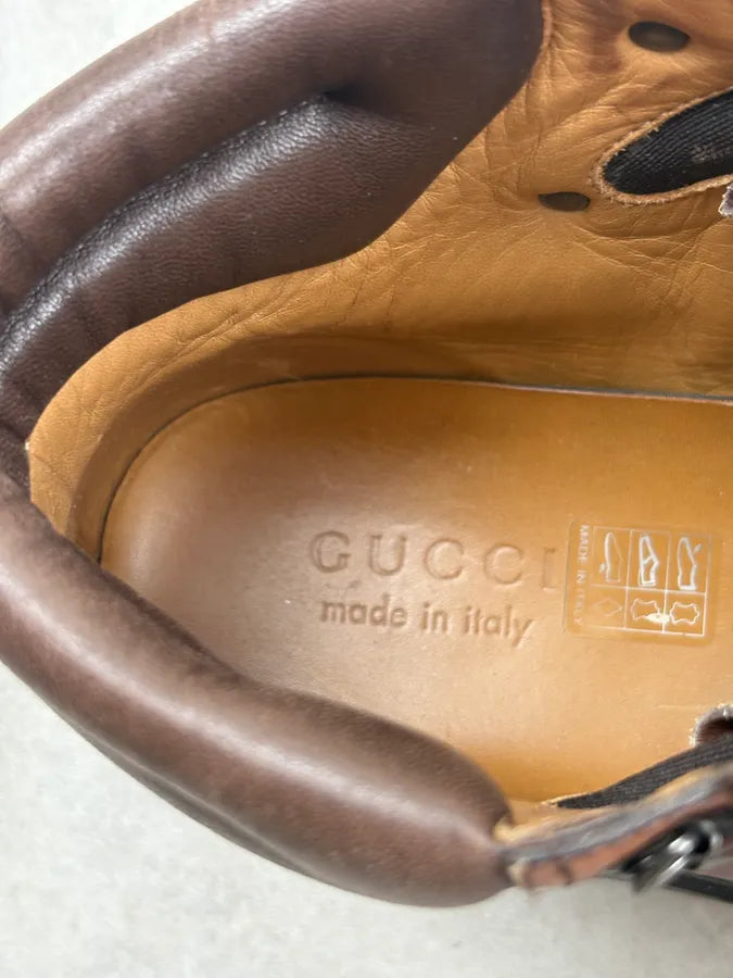 2000s Gucci Brown Eroded Leather Hiking Boots QgRHKSU 9