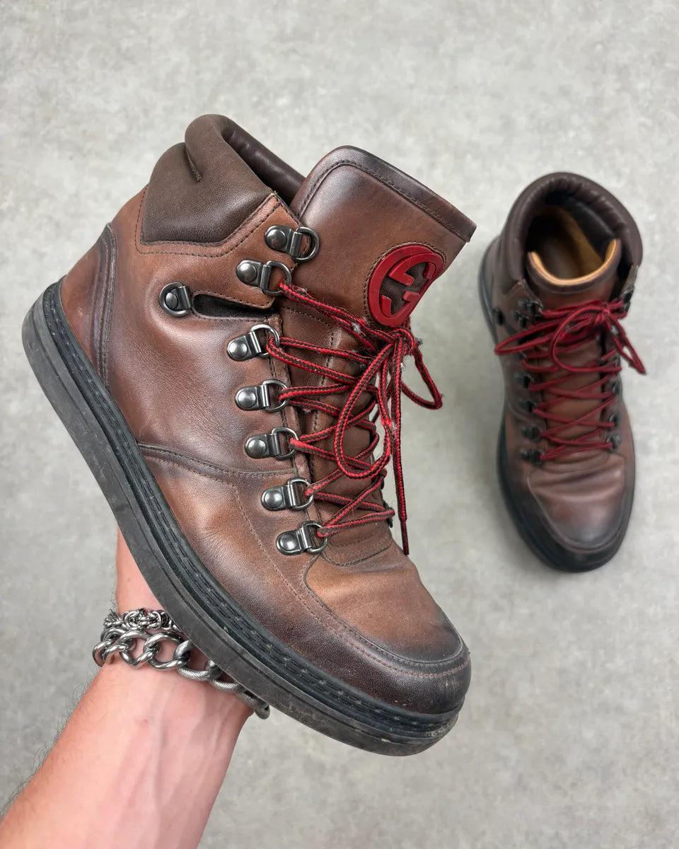 2000s Gucci Brown Eroded Leather Hiking Boots QgRHKSU 0
