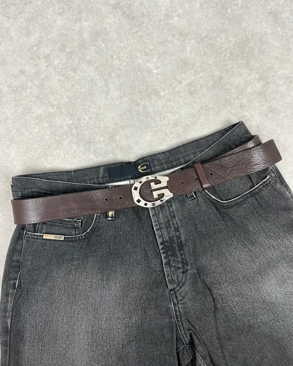 2000s Gucci Brown Leather Horseshoe Logo Buckle Belt KlySzWF 0