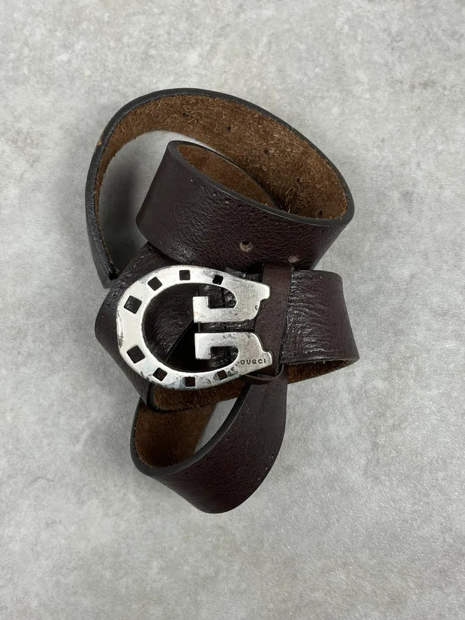 2000s Gucci Brown Leather Horseshoe Logo Buckle Belt KlySzWF 1