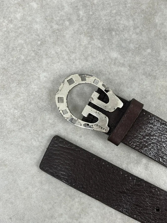 2000s Gucci Brown Leather Horseshoe Logo Buckle Belt KlySzWF 6