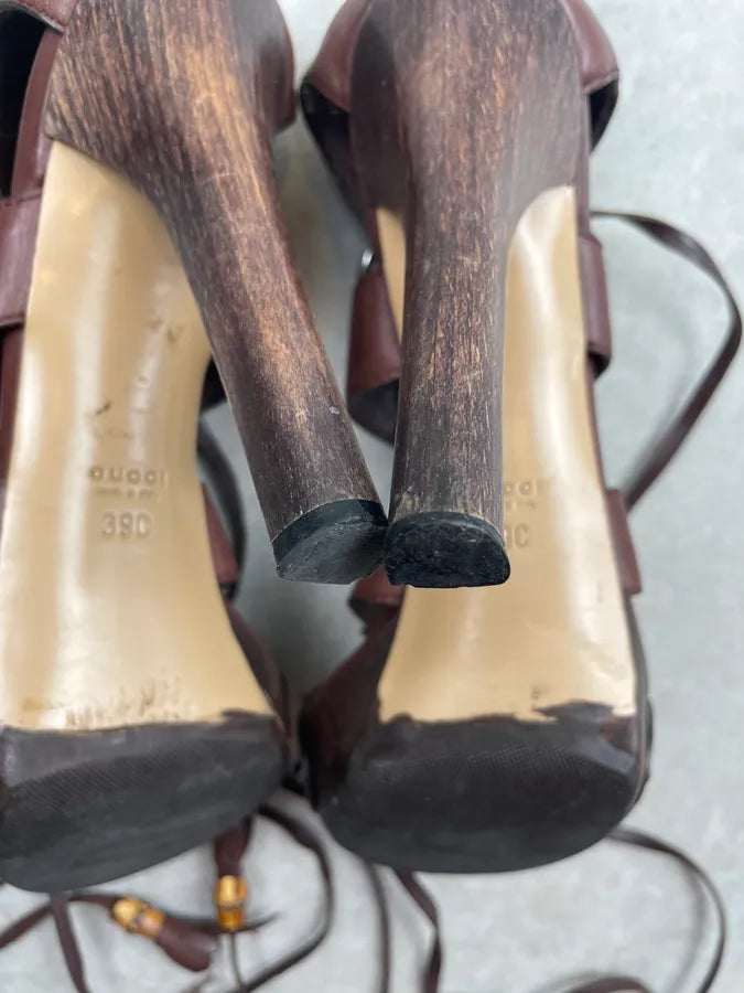 SS2007 Gucci Brown Leather Spartiats Lace-Up Wood Heel Sandals by Frida Giannini dmXvjjt 8
