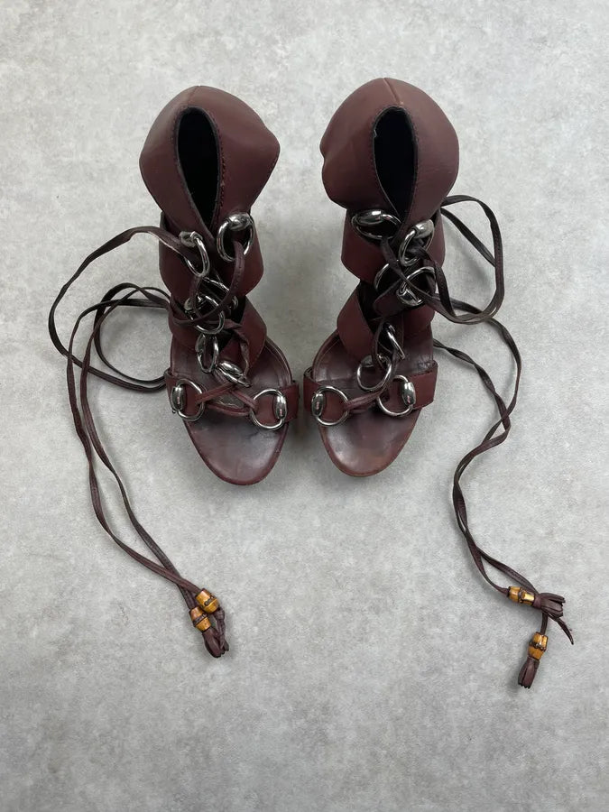 SS2007 Gucci Brown Leather Spartiats Lace-Up Wood Heel Sandals by Frida Giannini dmXvjjt 4