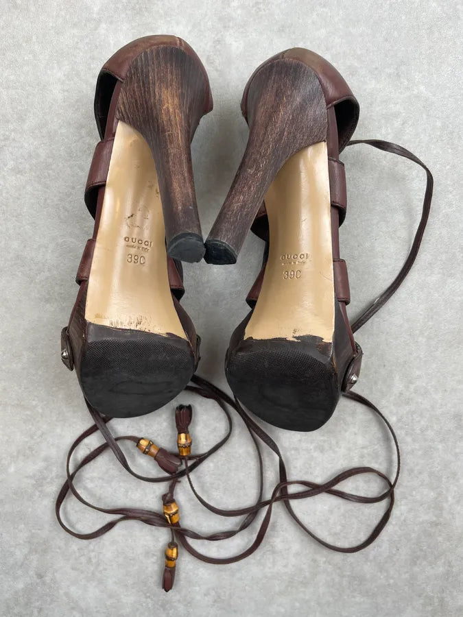 SS2007 Gucci Brown Leather Spartiats Lace-Up Wood Heel Sandals by Frida Giannini dmXvjjt 6
