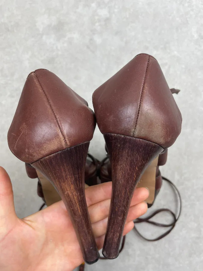 SS2007 Gucci Brown Leather Spartiats Lace-Up Wood Heel Sandals by Frida Giannini dmXvjjt 7