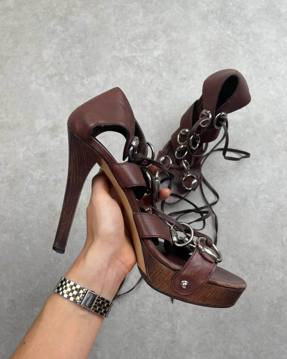 SS2007 Gucci Brown Leather Spartiats Lace-Up Wood Heel Sandals by Frida Giannini dmXvjjt 2