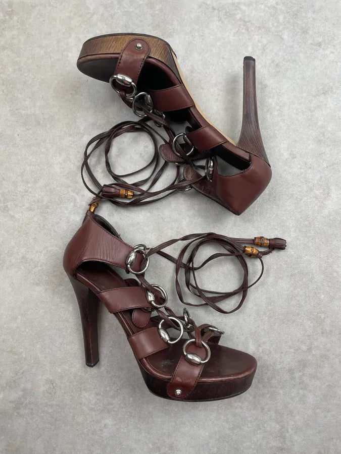 SS2007 Gucci Brown Leather Spartiats Lace-Up Wood Heel Sandals by Frida Giannini dmXvjjt 0
