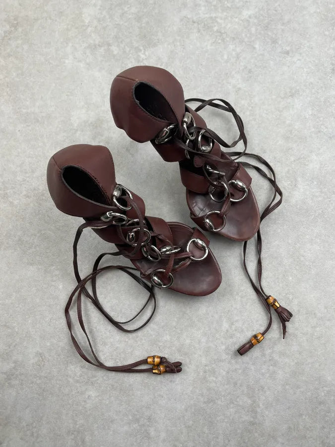 SS2007 Gucci Brown Leather Spartiats Lace-Up Wood Heel Sandals by Frida Giannini dmXvjjt 5