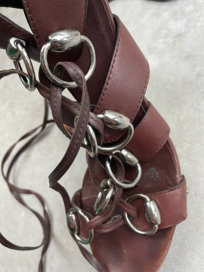 SS2007 Gucci Brown Leather Spartiats Lace-Up Wood Heel Sandals by Frida Giannini dmXvjjt 10
