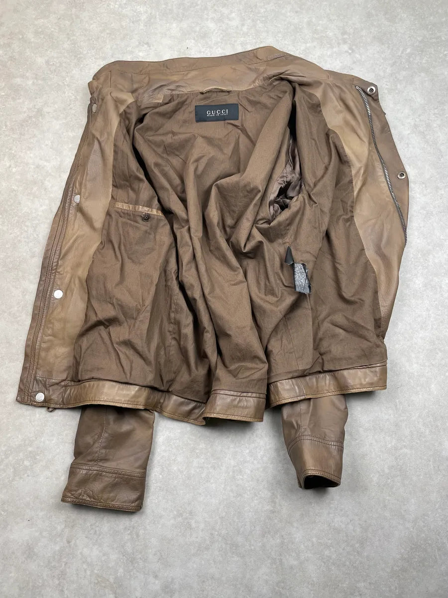 2000s Gucci Brown Leather Biker Jacket cDwrkpe 8