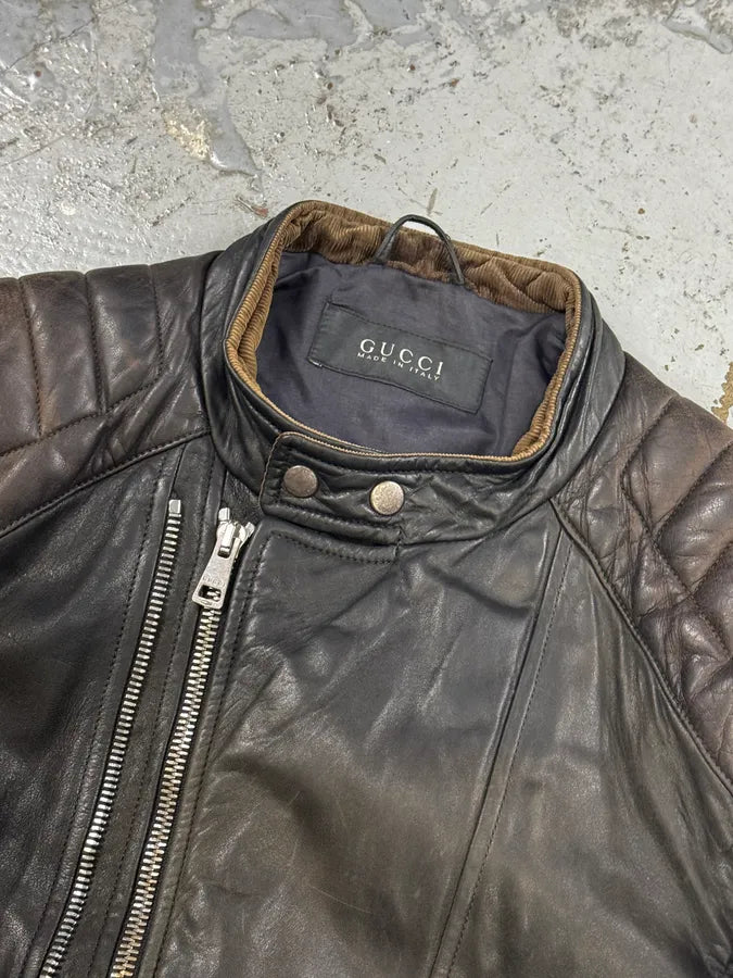 2000s Gucci Brown Asymmetrical Zip Biker Leather Jacket UmWZvuM 11