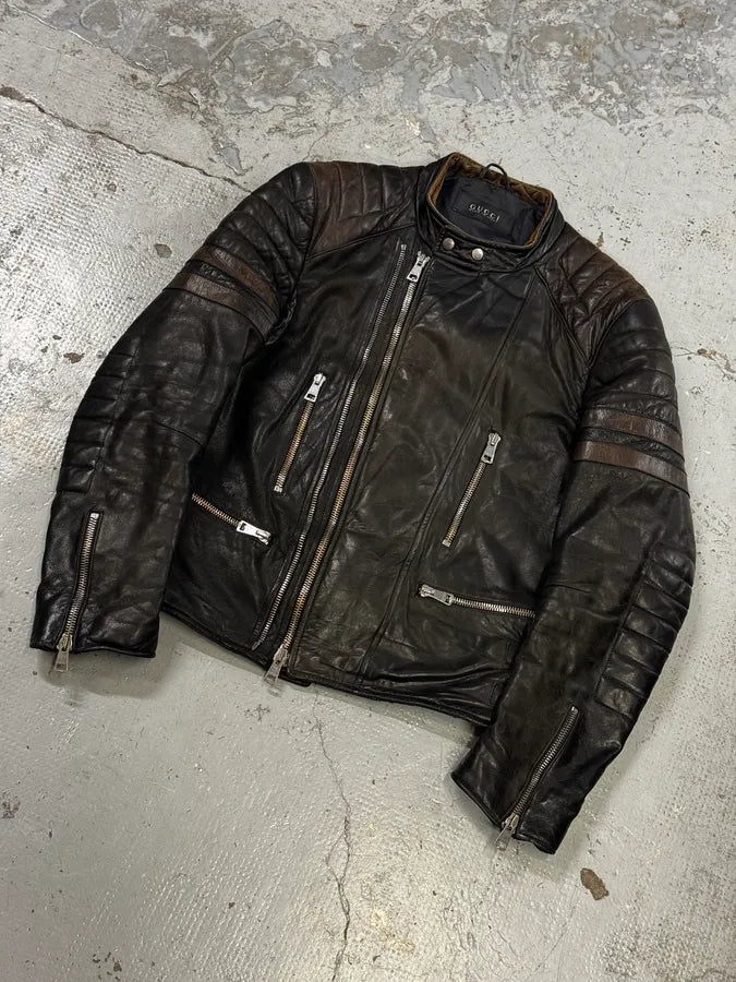 2000s Gucci Brown Asymmetrical Zip Biker Leather Jacket UmWZvuM 4