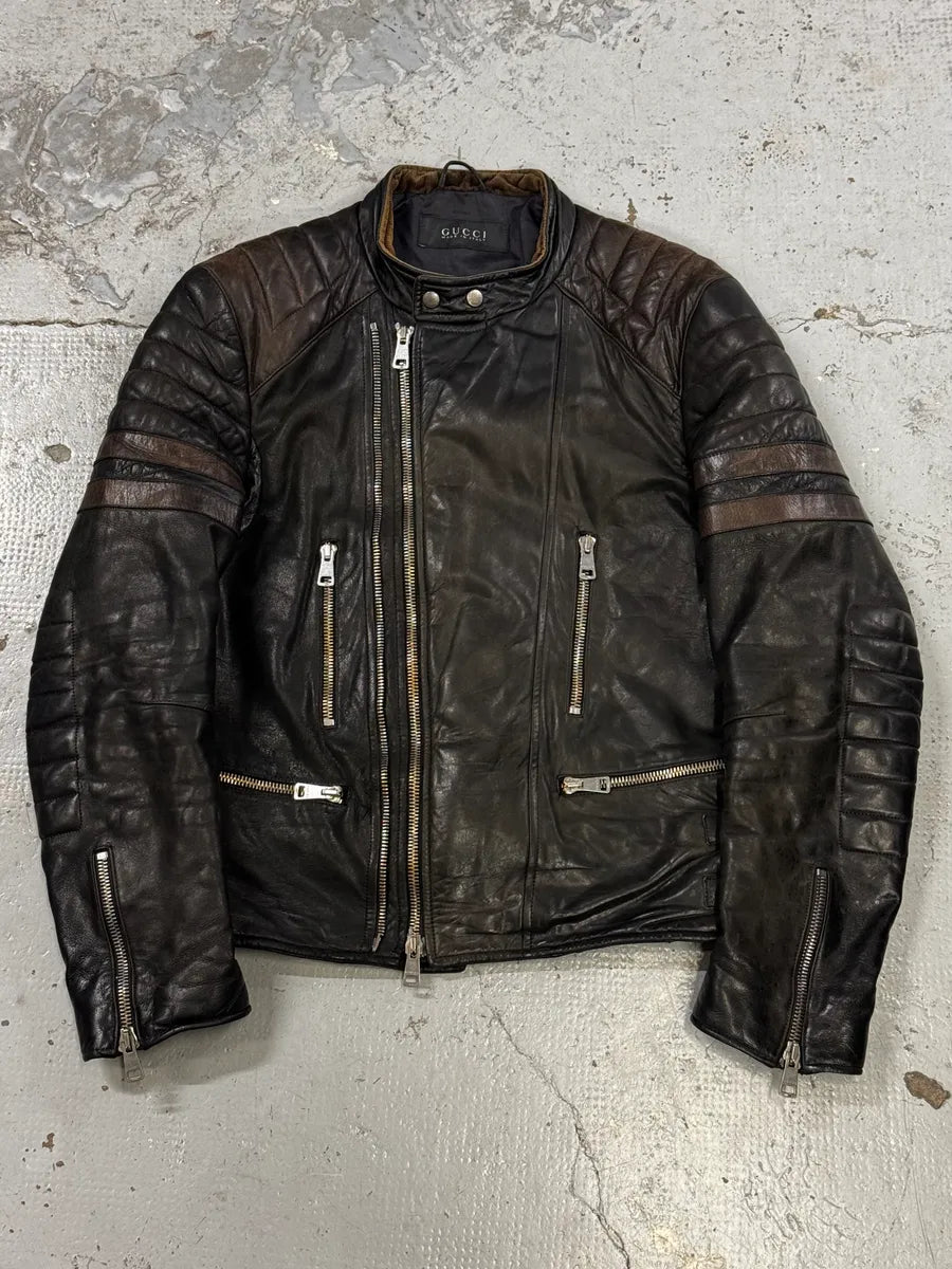 2000s Gucci Brown Asymmetrical Zip Biker Leather Jacket UmWZvuM 0