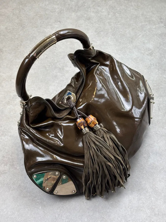 2000s Gucci Brown Patent Leather Fringe Indy Shoulder Bag by Frida Giannini ZlVpAVq 0