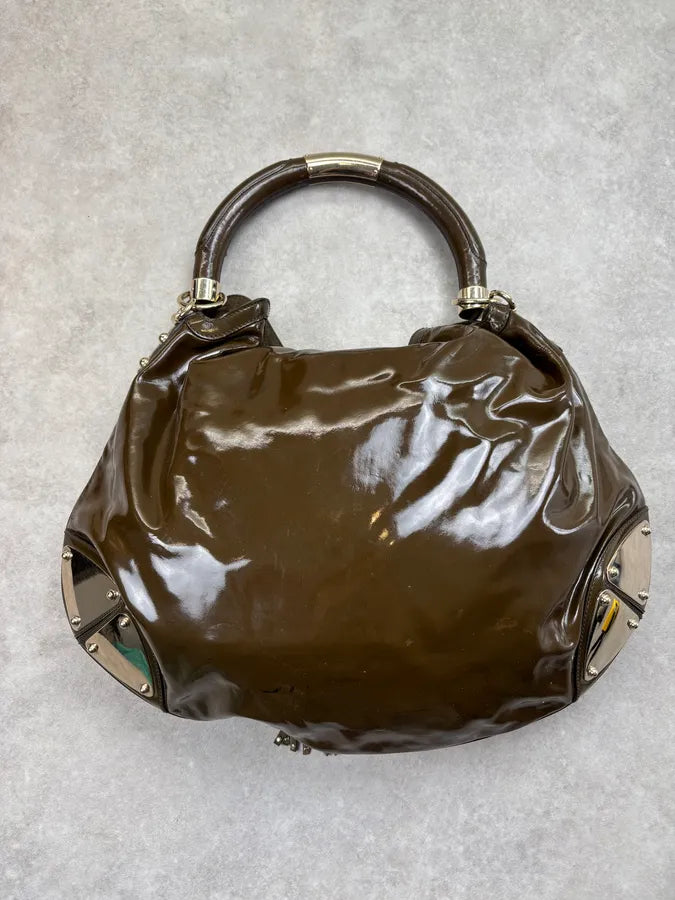 2000s Gucci Brown Patent Leather Fringe Indy Shoulder Bag by Frida Giannini ZlVpAVq 9