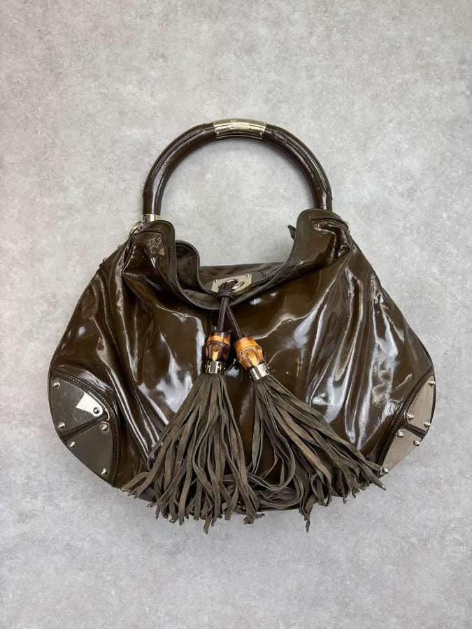2000s Gucci Brown Patent Leather Fringe Indy Shoulder Bag by Frida Giannini ZlVpAVq 3