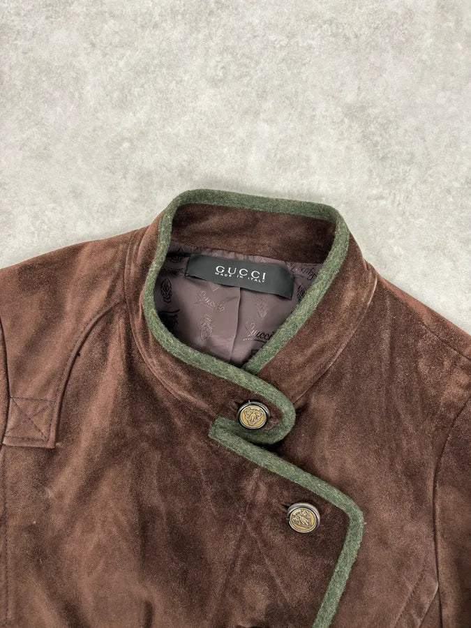 AW2007 Gucci Brown Suede Leather Asymmetrical Officer Perfecto Jacket TFPzEOQ 3