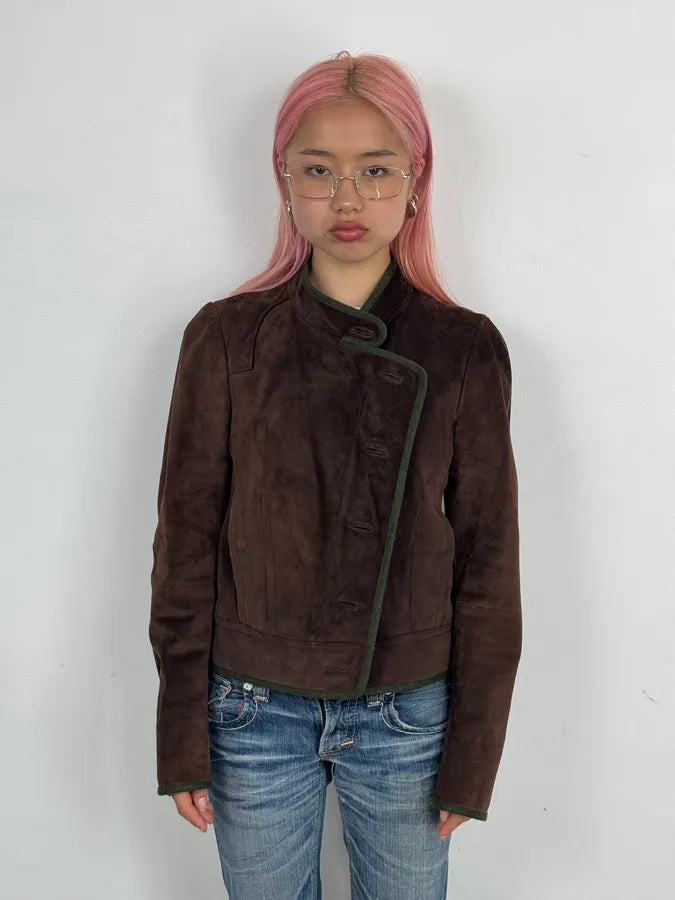 AW2007 Gucci Brown Suede Leather Asymmetrical Officer Perfecto Jacket TFPzEOQ 1