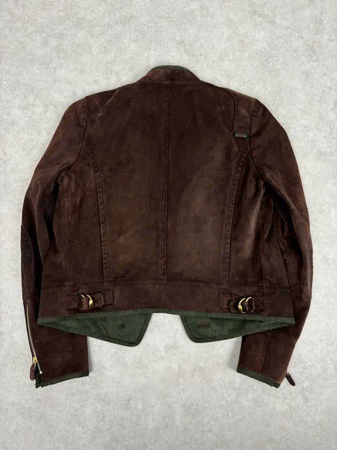 AW2007 Gucci Brown Suede Leather Asymmetrical Officer Perfecto Jacket TFPzEOQ 4
