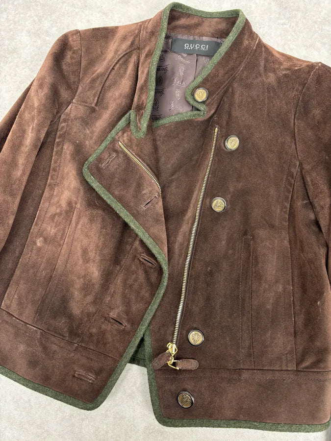 AW2007 Gucci Brown Suede Leather Asymmetrical Officer Perfecto Jacket TFPzEOQ 7