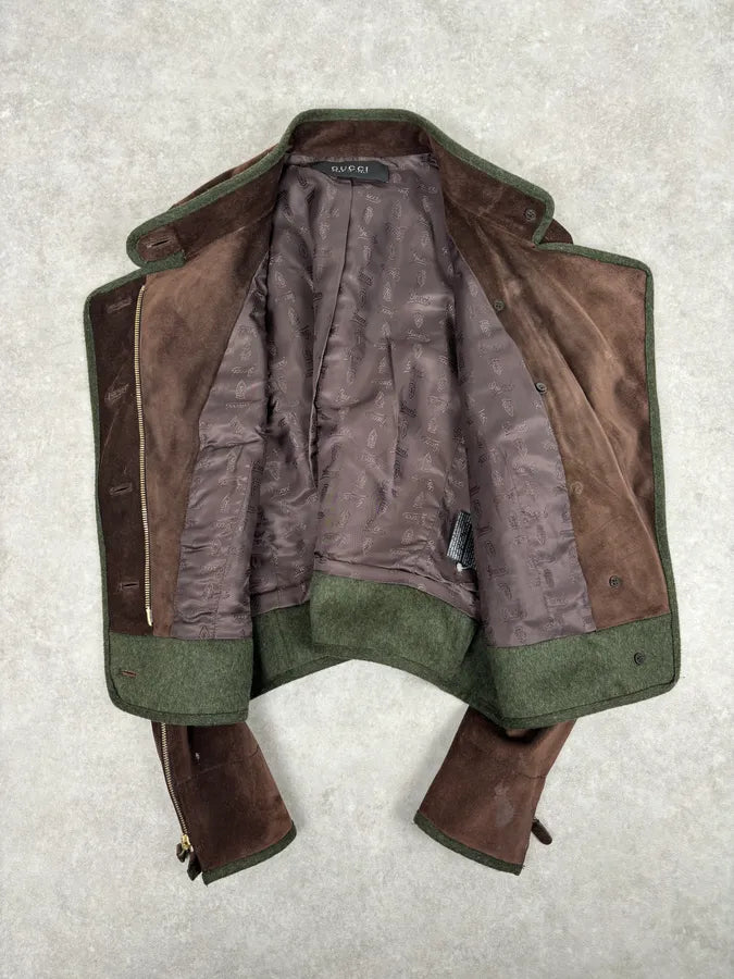 AW2007 Gucci Brown Suede Leather Asymmetrical Officer Perfecto Jacket TFPzEOQ 6