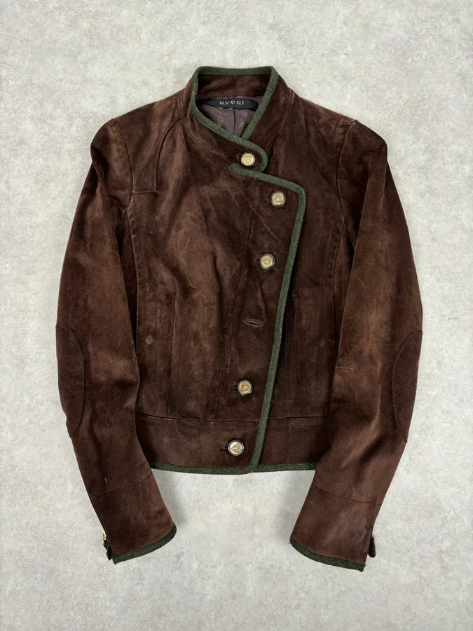 AW2007 Gucci Brown Suede Leather Asymmetrical Officer Perfecto Jacket TFPzEOQ 0