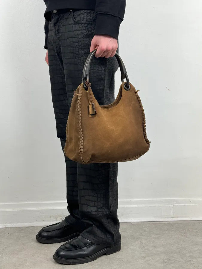 2000s Gucci Brown Gradient Suede Leather Handle Bag luMEmdK 1