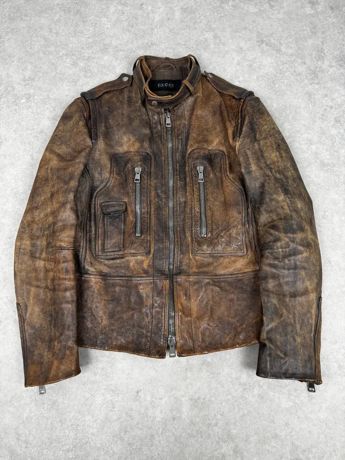 SS2011 Gucci Brown Eroded Leather Premium Jacket by Frida Giannini VnuMdfb 0