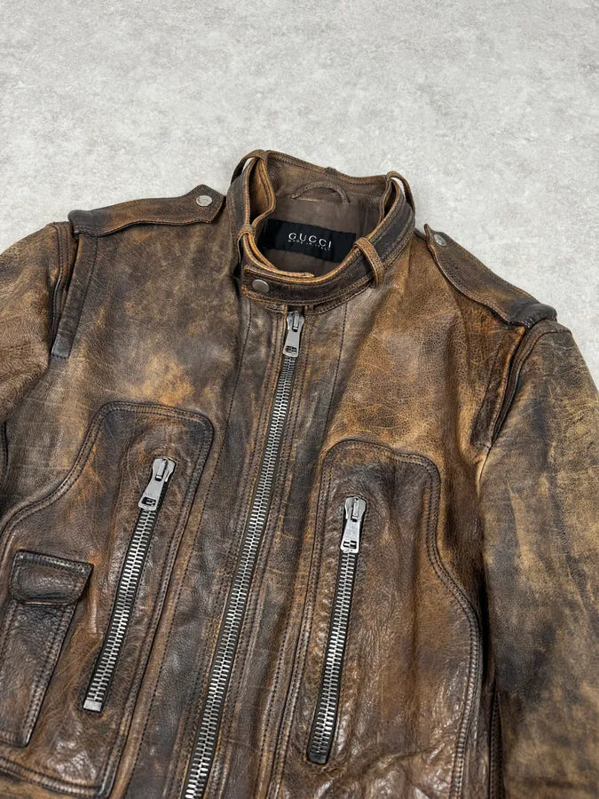 SS2011 Gucci Brown Eroded Leather Premium Jacket by Frida Giannini VnuMdfb 4